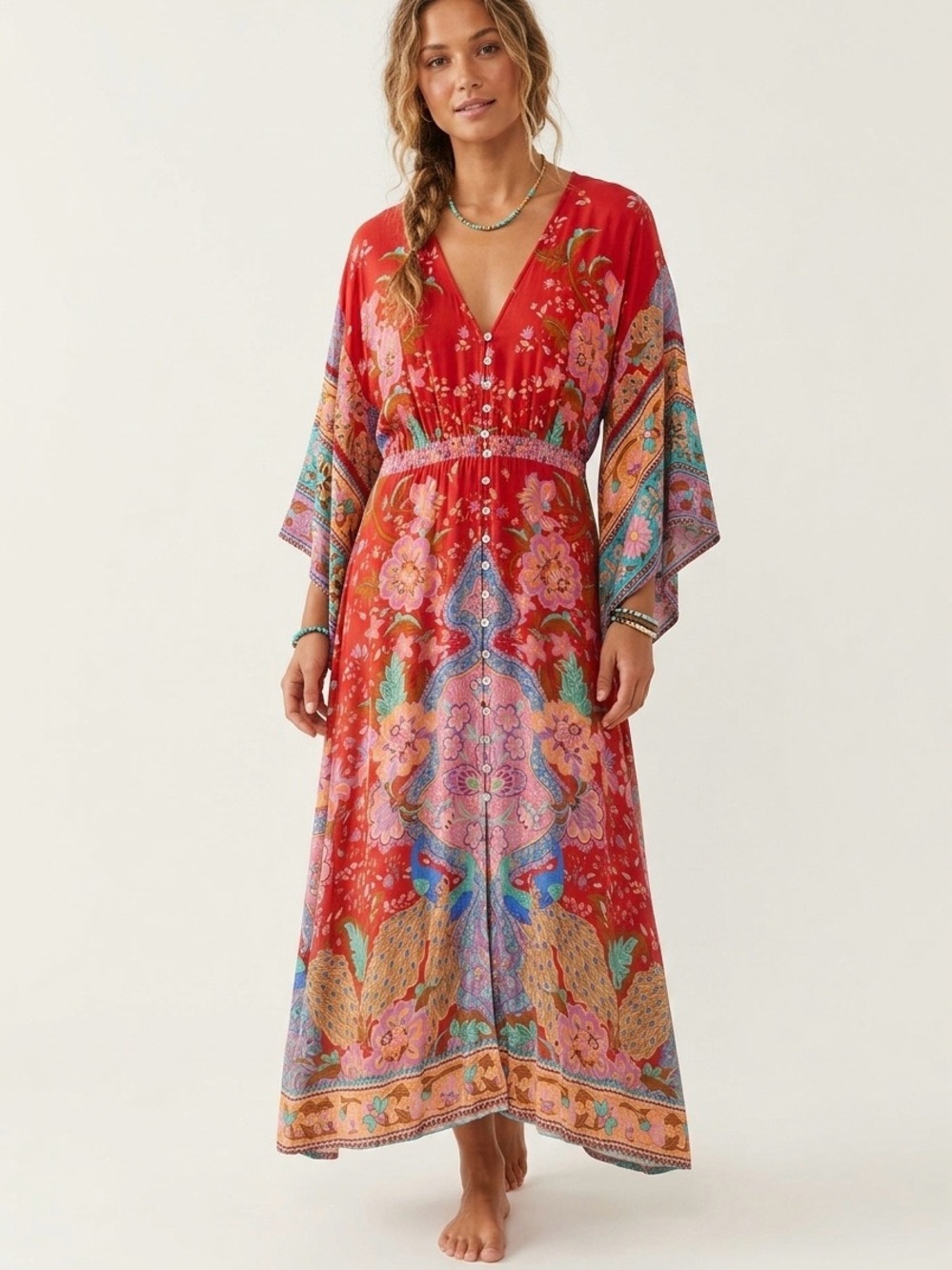 SPELL & The Gypsy Collective Lotus Kimono Gown Maxi Dress Ruby Red S